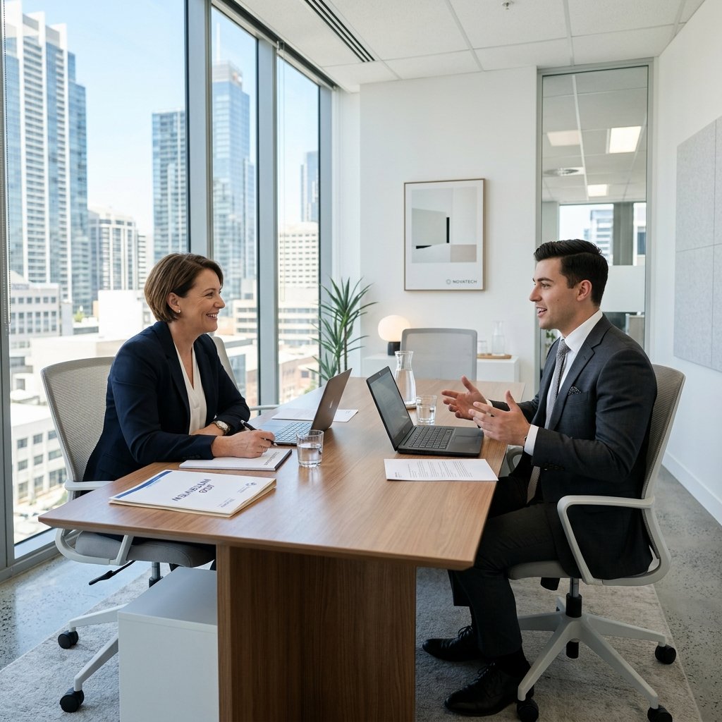 Candidate selection interview in a modern white-themed HR boardroom