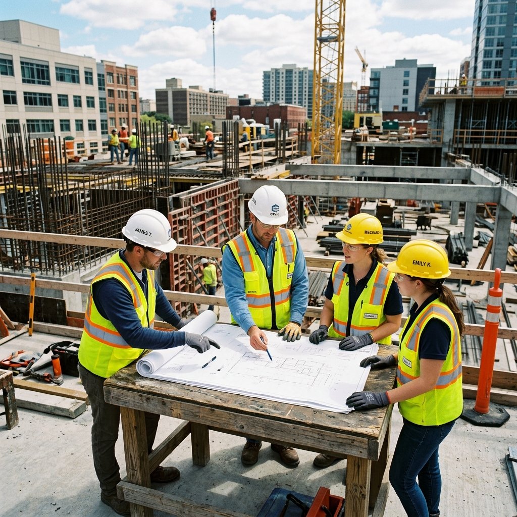 Construction engineers discussing design layouts on structural site
