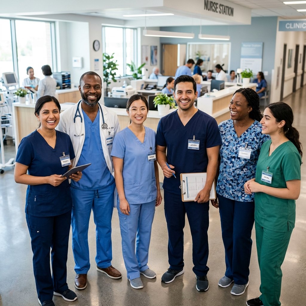Medical doctors and nursing professionals inside modern hospital environment