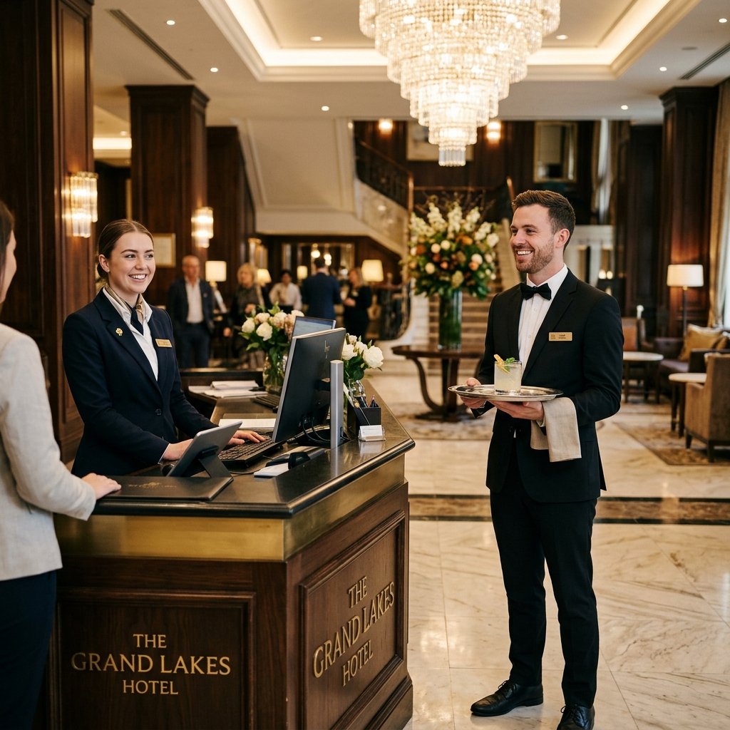 Front desk executives and waiter hospitality staff in premium hotel lobby