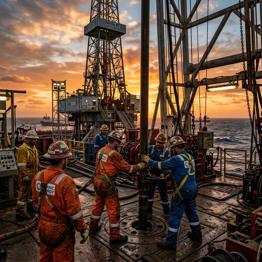 Specialized drilling crew on offshore oil rig platform at sunset